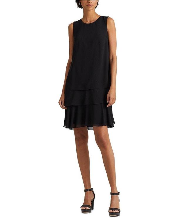 Lauren Ralph Lauren Tyree Crinkle Georgette Round Neck Sleeveless Tiered Mini Dress Product Image