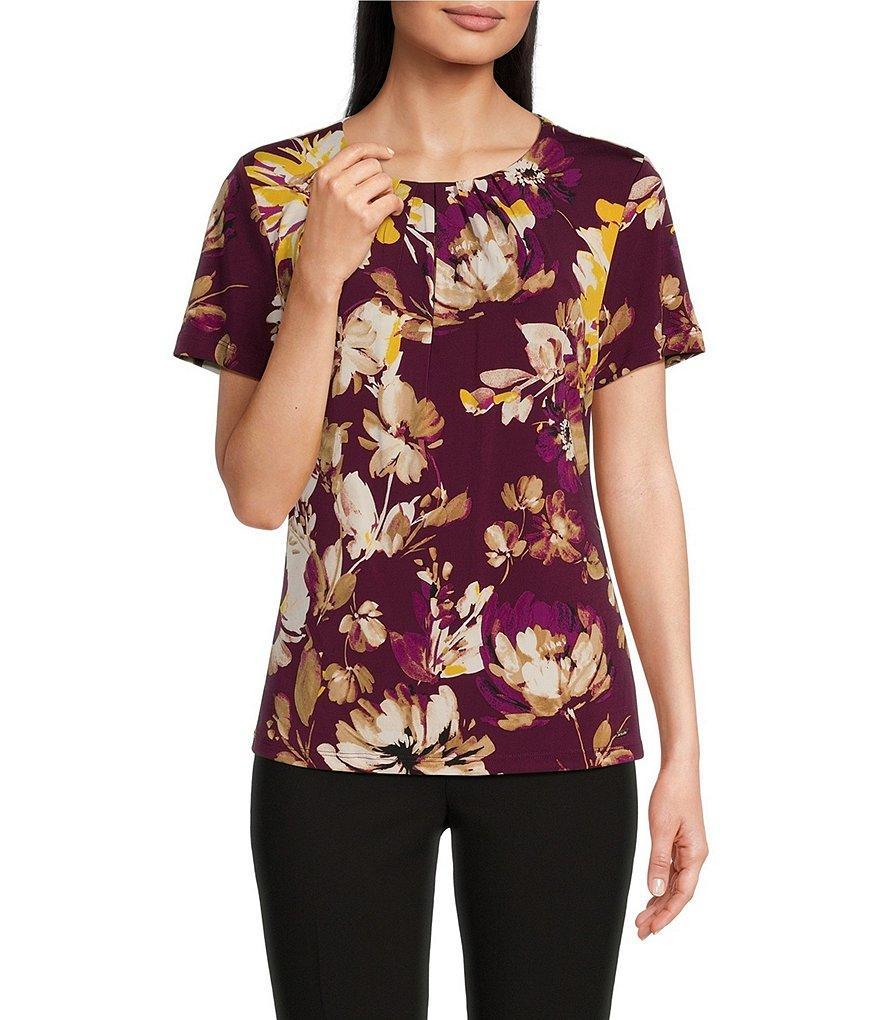 Calvin Klein Floral Print Short Sleeve Pleat Neck Top Product Image