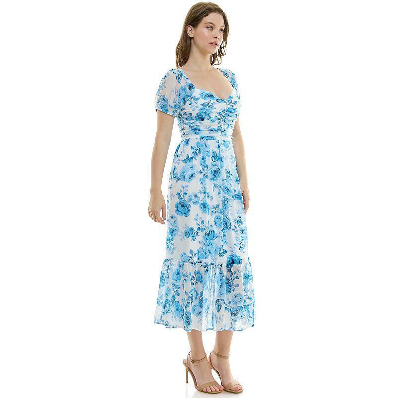 Luxology Womens Rose Ruched Puff Short Sleeve Maxi Dress -IVORY/BLUE Product Image