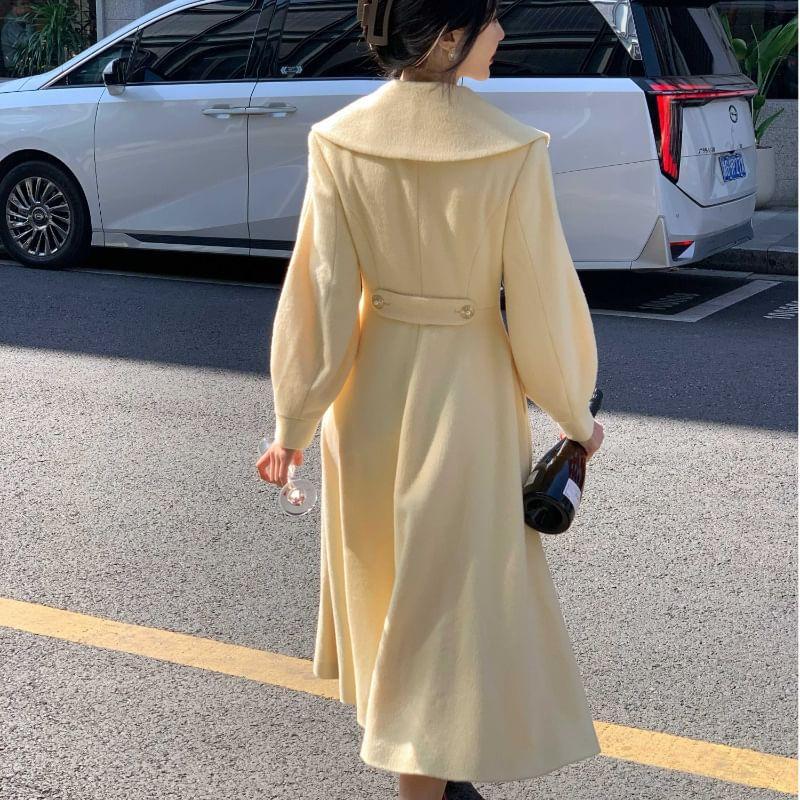 Shawl Collar Plain Midi Double Breasted Coat Product Image