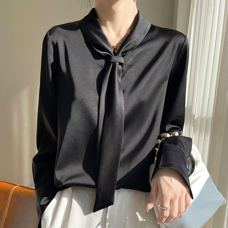 Long-Sleeve Tie Neck Plain Blouse Product Image