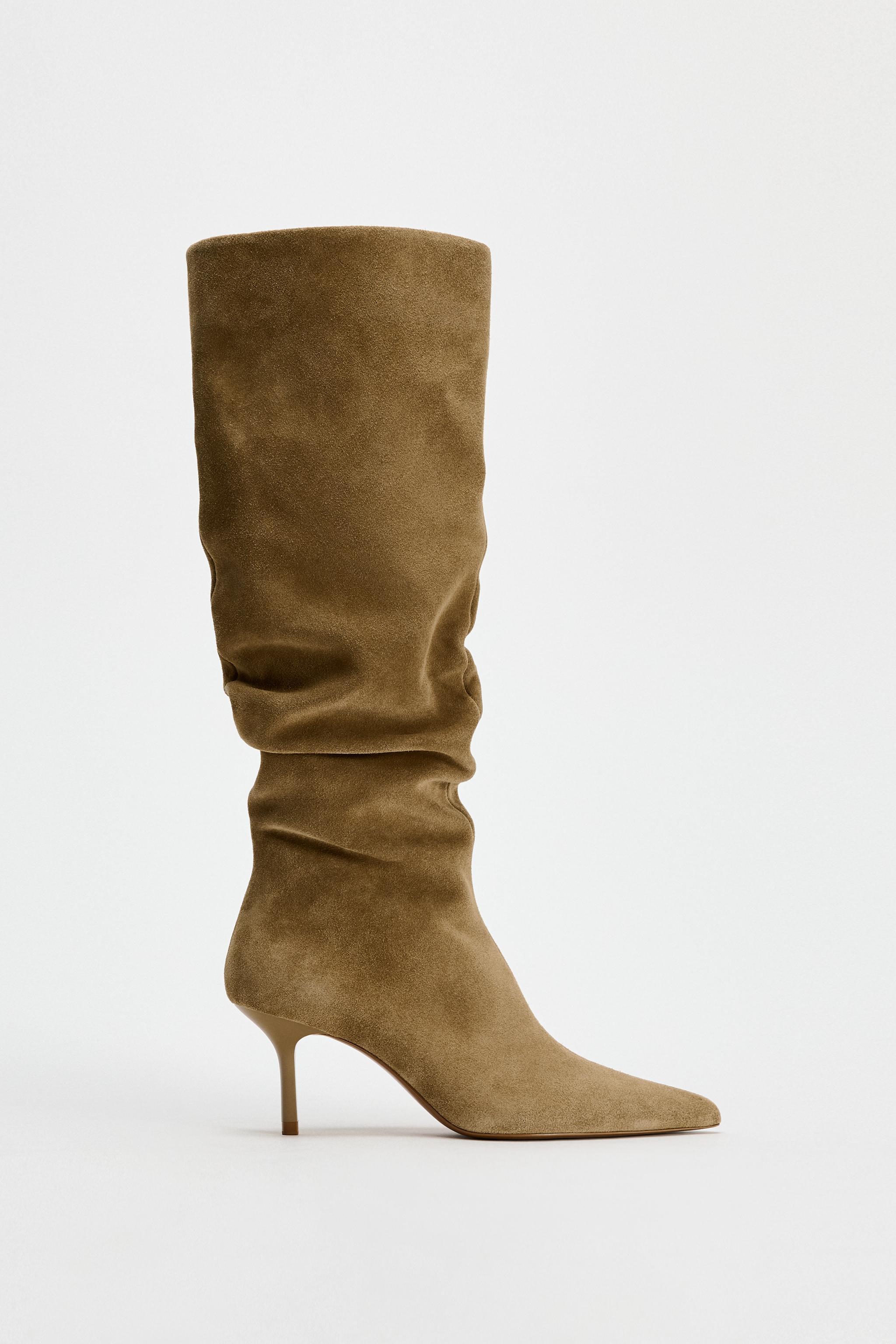 LEATHER SUEDE HEELED RUCHED BOOTS Product Image