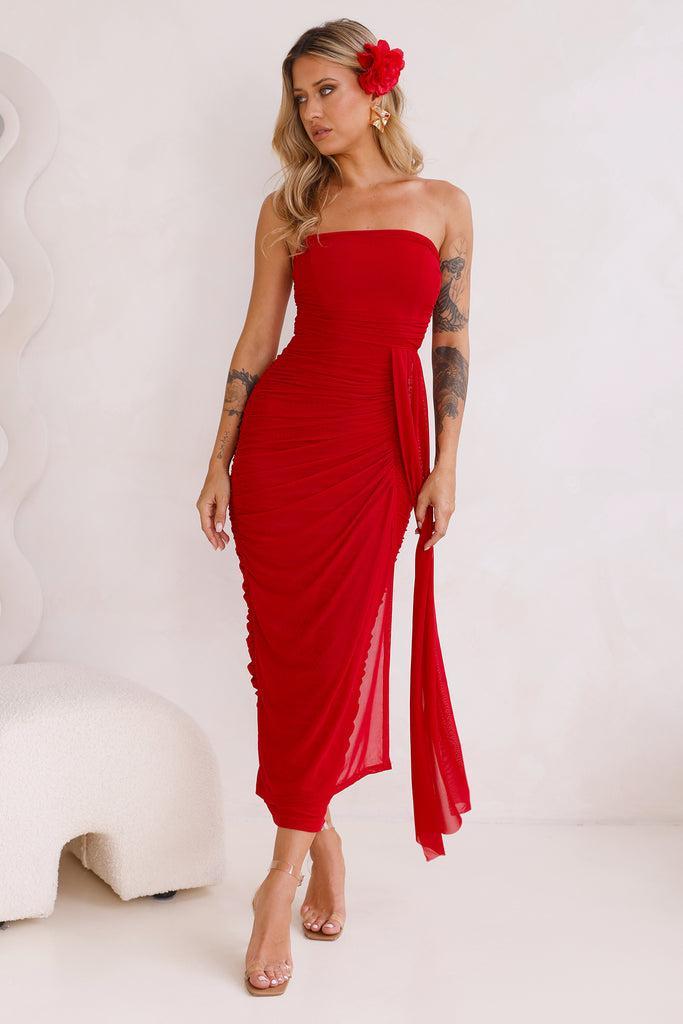 Hourglass Silhouette Strapless Mesh Midi Dress Wine Product Image