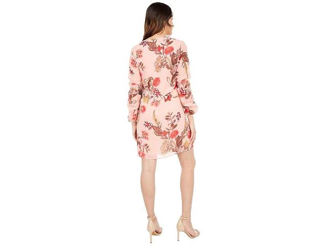 Vince Camuto Printed Chiffon Float with Self Cording and Ruched Sleeve (Blush) Women's Dress Product Image