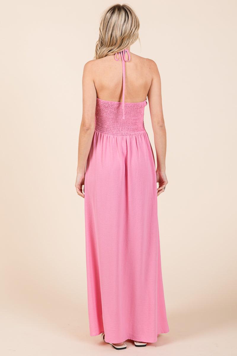 Halter Neck Smocked Embellished Maxi Dress Product Image