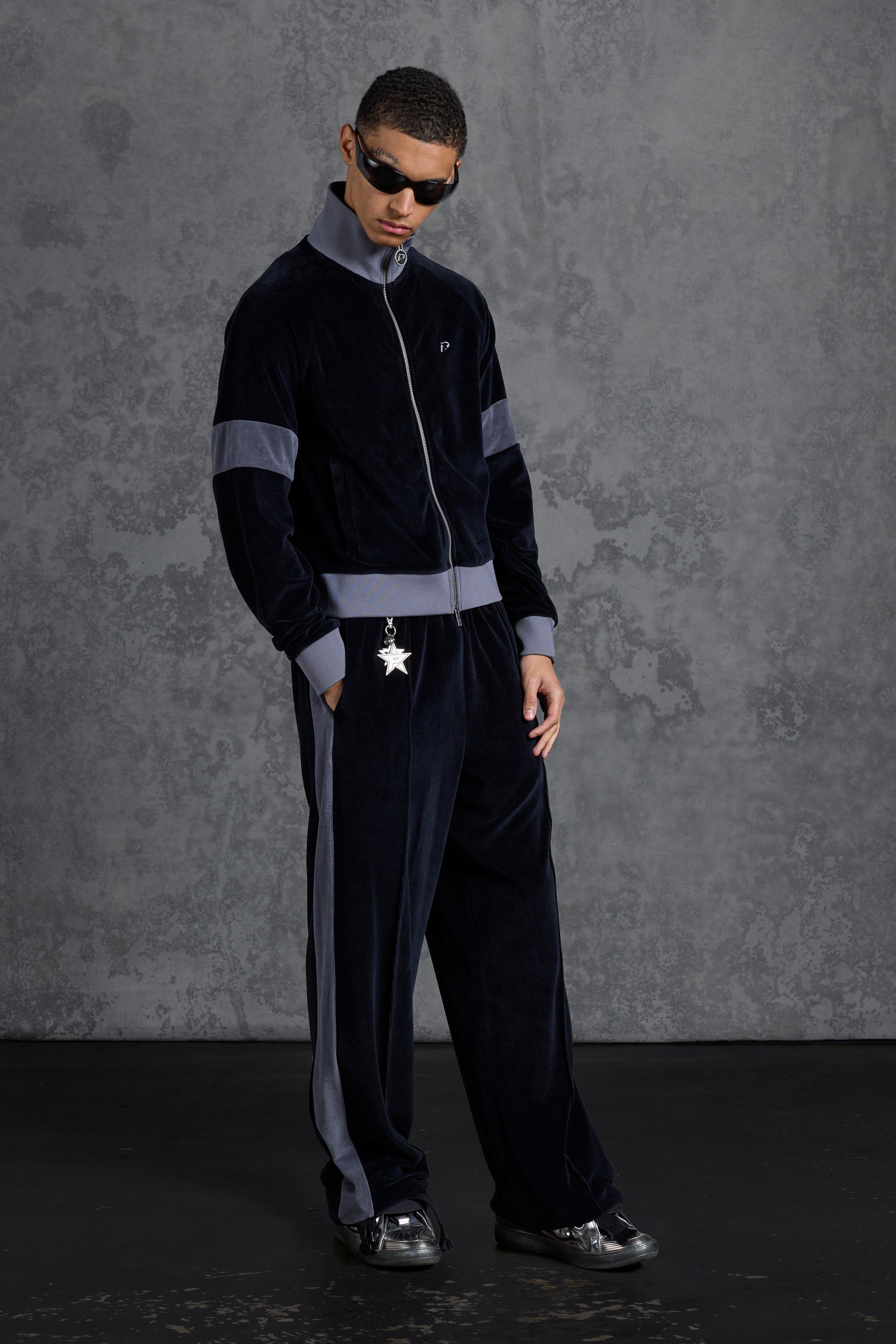 P-Star Wide Leg Stacked Velour Track Joggers | boohooMAN USA Product Image