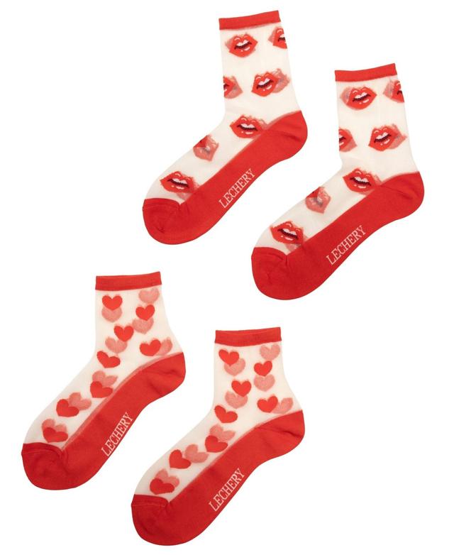 Lechery Womens Hearts Lips 2 Pairs of Sheer Crew Socks - Red Product Image