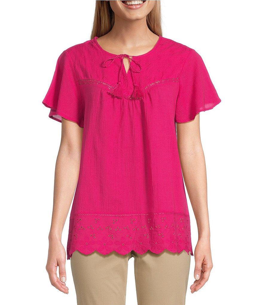 Allison Daley Petite Size Short Flutter Sleeve Tie Neck Mixed Media Blouse Product Image