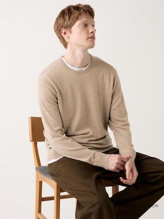 Mens Merino Crew Neck Sweater Beige XS UNIQLO US Product Image