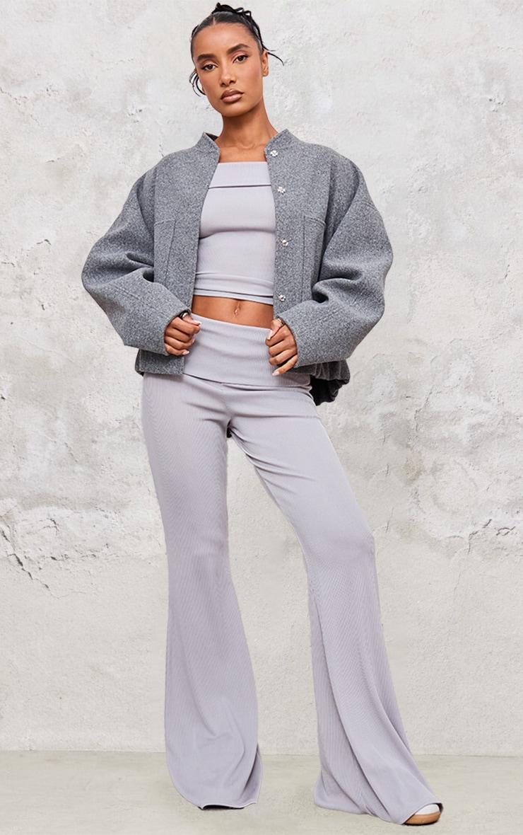 Light Grey Rib Foldover Low Rise Flared Trousers Product Image