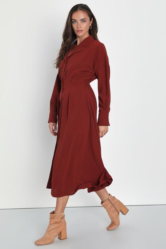 Timeless Class Rust Collared Button-Up Pleated Midi Dress Product Image