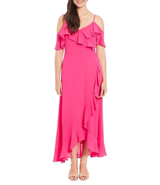 London Times Ruffled Cold Shoulder Surplice V-Neck Midi Dress Product Image