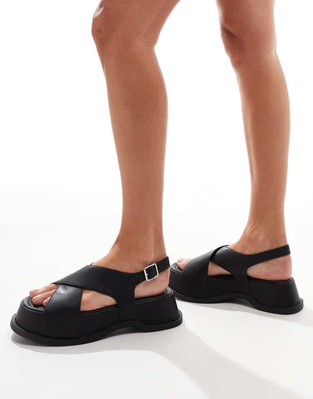 Truffle Collection chunky cross strap sandals in black Product Image