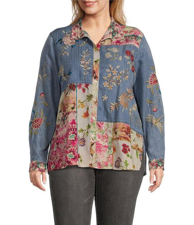 John Mark Plus Size Embroidered Mixed Media Collar 3/4 Sleeve Button Down Top Product Image