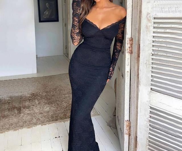 Long Sleeve Off Shoulder Lace Panel Mermaid Maxi Dress Product Image