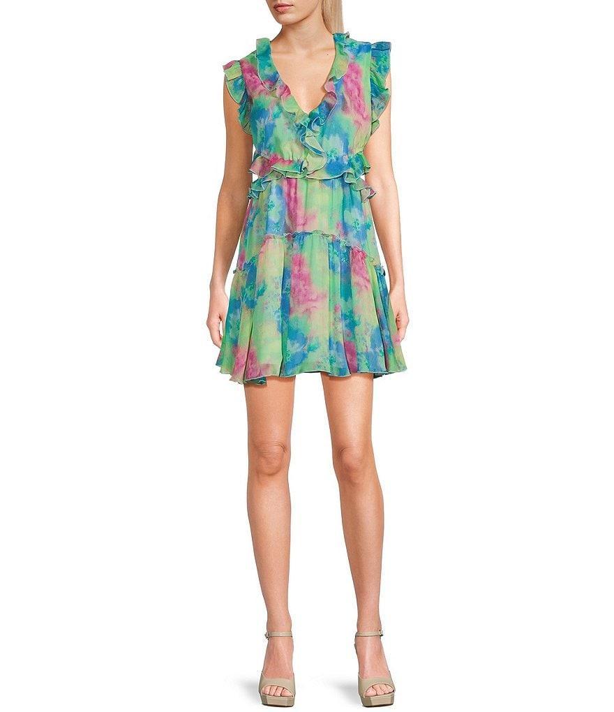 Allison & Kelly V-Neck Sleeveless Printed Ruffle Dress Product Image