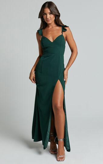 More Than This Midi Dress - Ruffle Strap Thigh Split Dress in Emerald Product Image