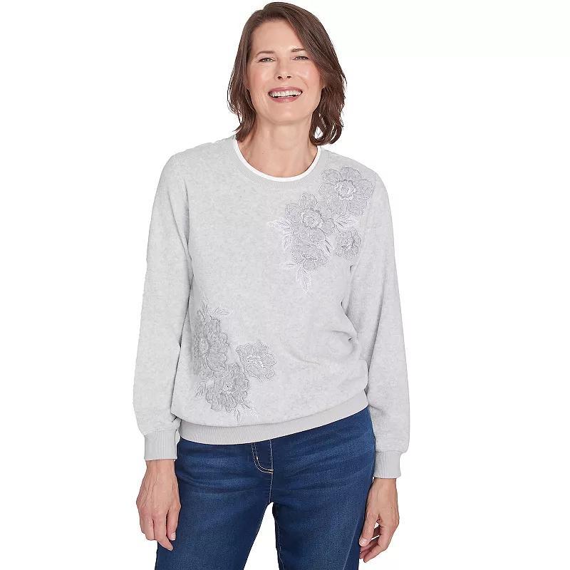 Petite Alfred Dunner Classic Sherpa Floral Embroidered Sweater, Womens Product Image