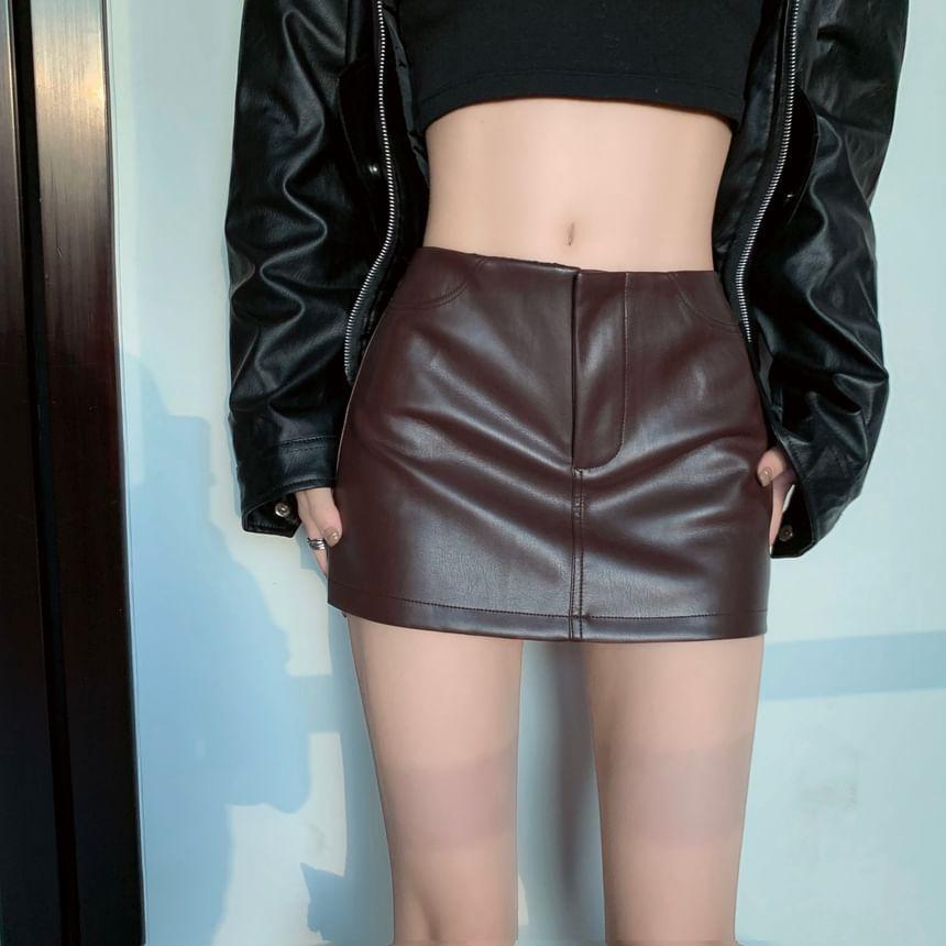 Mid Waist Plain Faux Leather Mini Pencil Skirt product image