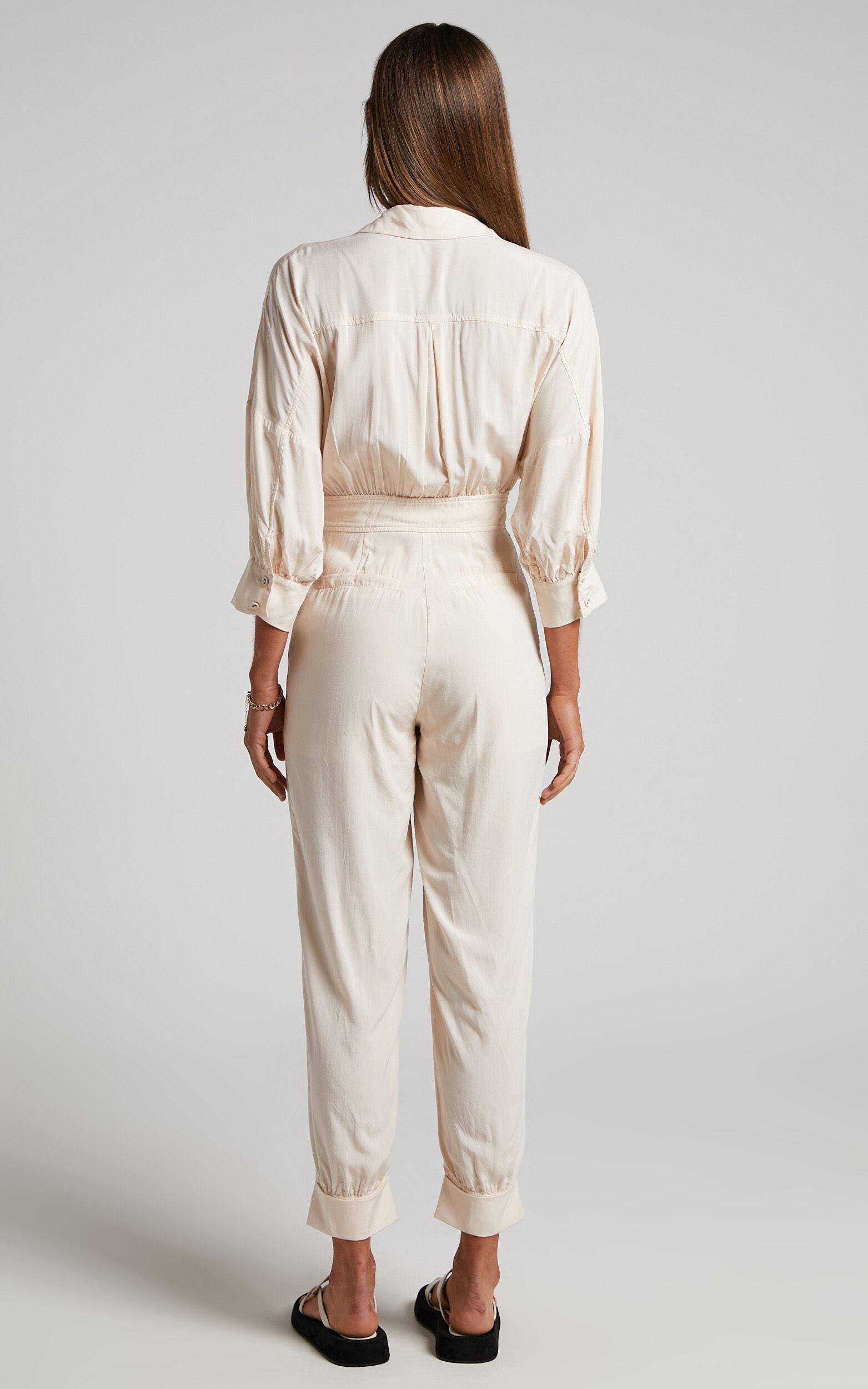 Ayelin Jumpsuit - Linen Look Relaxed 3/4 Sleeve Jumpsuit in Cream Product Image