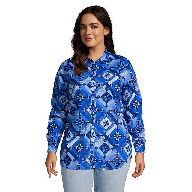 Plus Size Lands End Roll-Tab Poplin Boyfriend Tunic Shirt, Womens Blue Prosperity Quilt Product Image