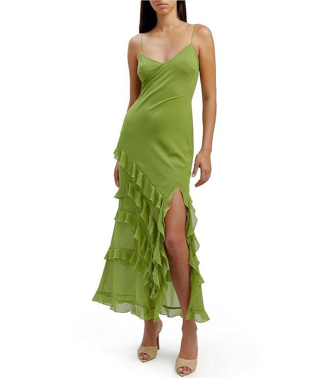 Bardot Chiffon V-Neck Sleeveless Tie Strap Asymmetrical Ruffle Tiered Midi Dress Product Image