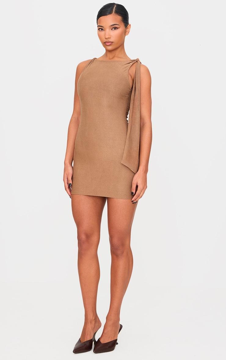 Camel Faux Suede Knot Drape Bodycon Dress Product Image