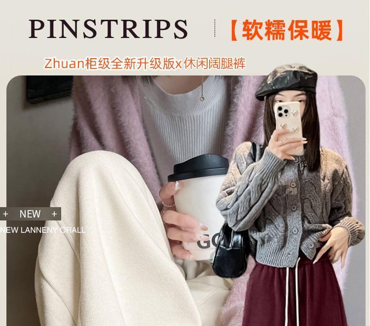 Drawstring Waist Plain Fleece-Lined Panel Wide Leg Pants Product Image