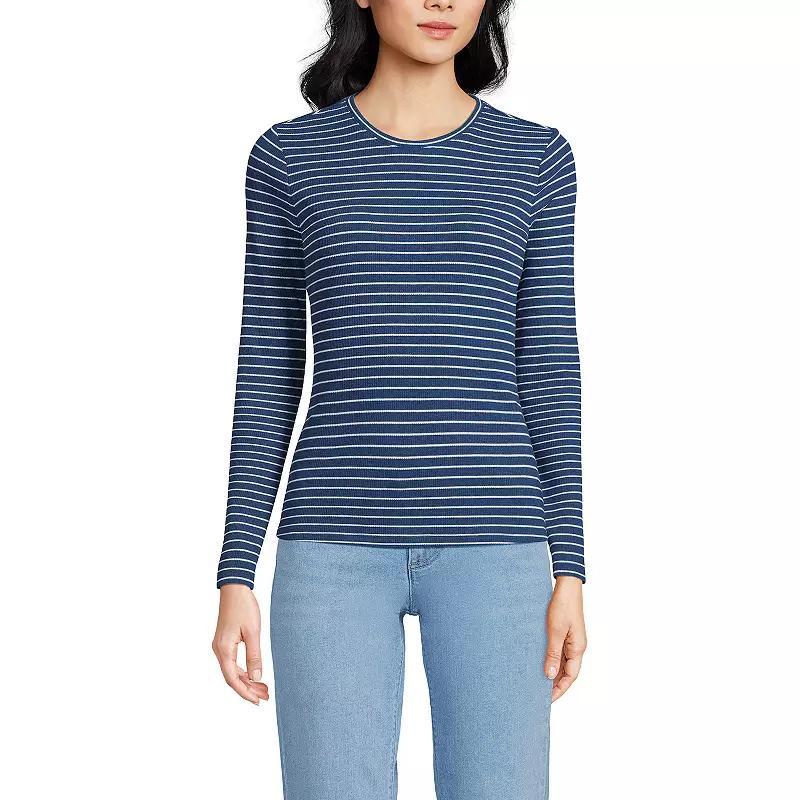 Womens Lands End Long Sleeve Baby Waffle Crew T-shirt Blue Breton Stripe Product Image