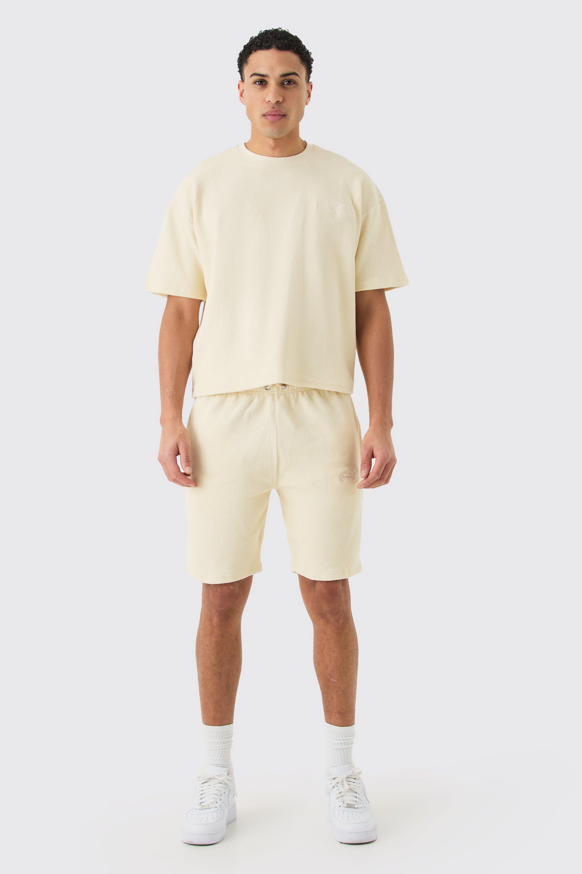 Mens Cream Oversized Boxy T-shirt And Short Set, Cream Product Image