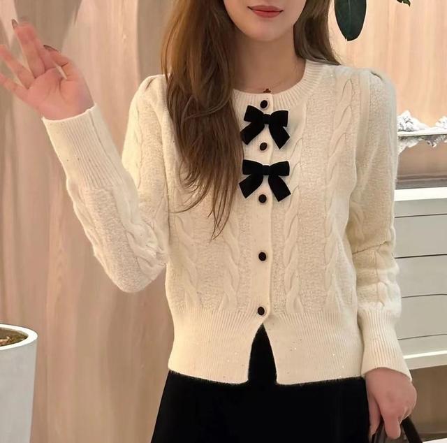 Crew Neck Glitter Bow Accent Cable Knit Button-Up Cardigan Product Image