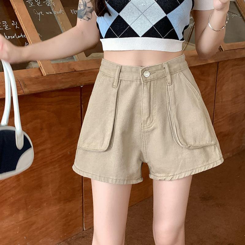 High Waist Plain Wide-Leg Mini Denim Shorts Product Image