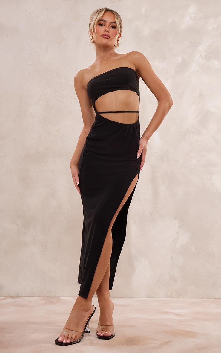 Black Soft Touch Bandeau Cut Out Waist Strap Midaxi Dress Product Image