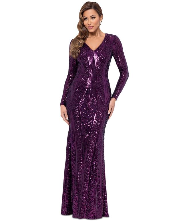 Xscape Womens Long-Sleeve Sequined V-Neck Gown Product Image