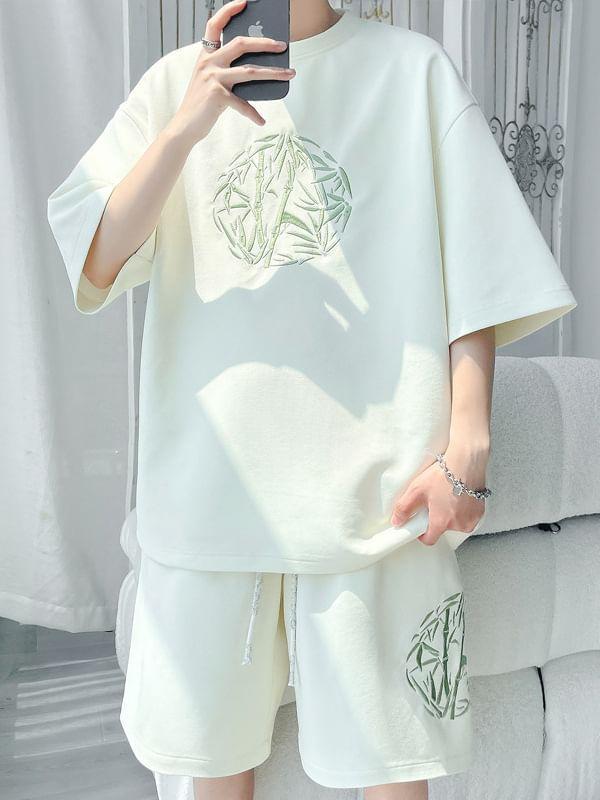 Set: Short-Sleeve Crew Neck Bamboo Embroidered T-Shirt + Drawstring Waist Sweat Shorts Product Image