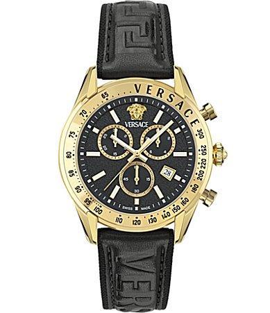 Versace Mens Swiss Chronograph Black Leather Strap Watch 44mm Product Image