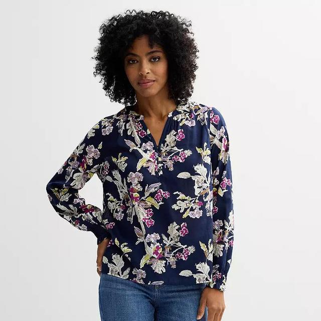 Womens Sonoma Goods For Life Smocked Wrist Popover Navy Pink Floral Product Image