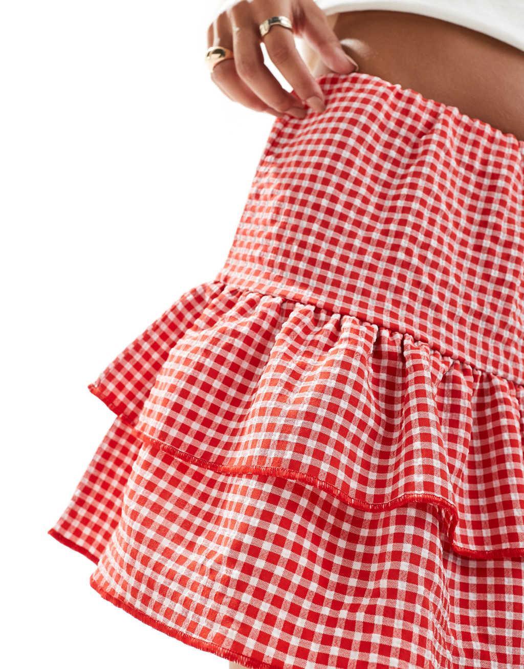 Miss Selfridge gingham ruffle skirt in red Product Image