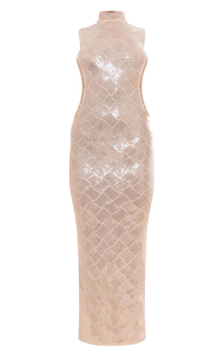 Gold Patterned Sequin Lace Up Side High Neck Midaxi Dress Product Image