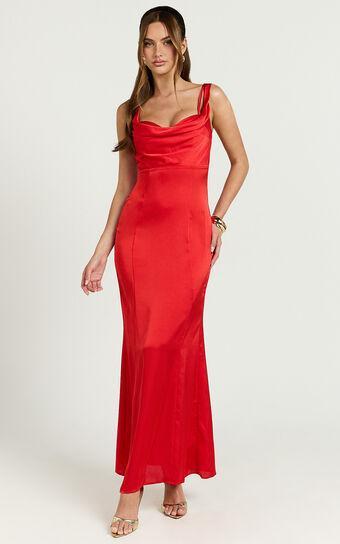 Grace Maxi Dress - Cowl Neck Satin Slip Dress in Coral Red Product Image