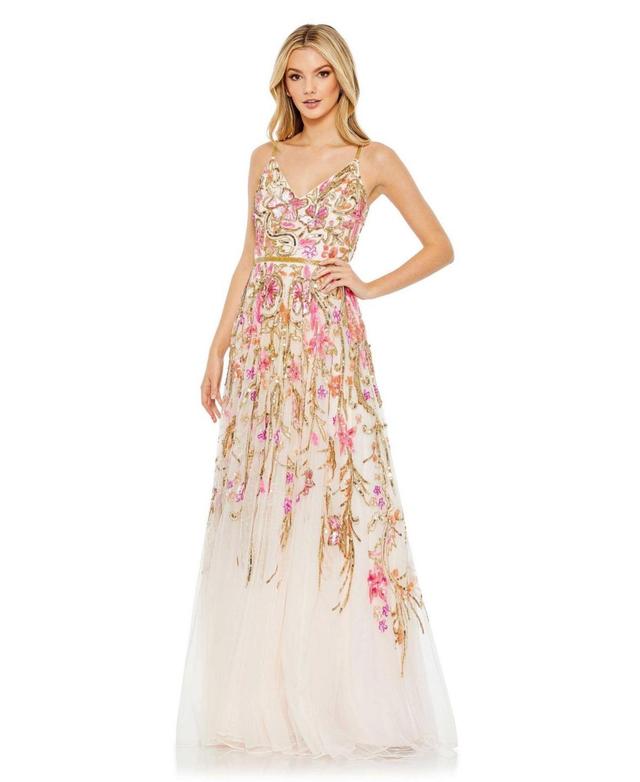 Womens V Neck Floral Embellished Spaghetti Strap Gown Product Image