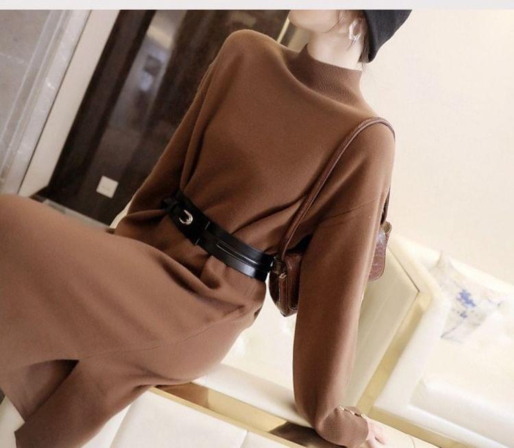 Long-Sleeve Mock Neck Plain Midi Sheath Knit Dress Product Image