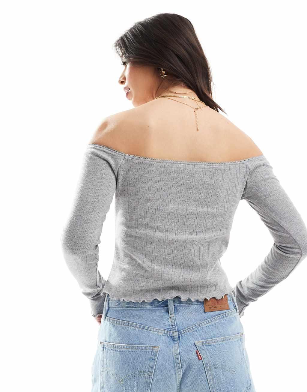 ASOS DESIGN off shoulder long sleeve top with lace trim in gray heather Product Image