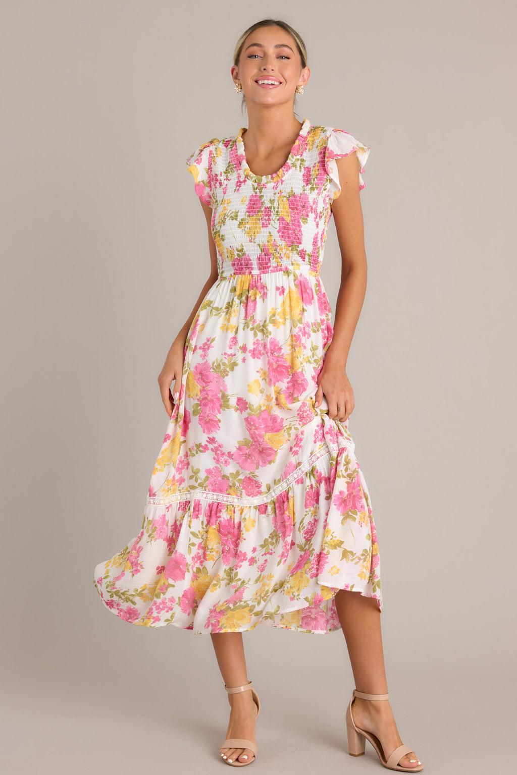 Bloom Burst White Multi Floral Midi Dress Product Image