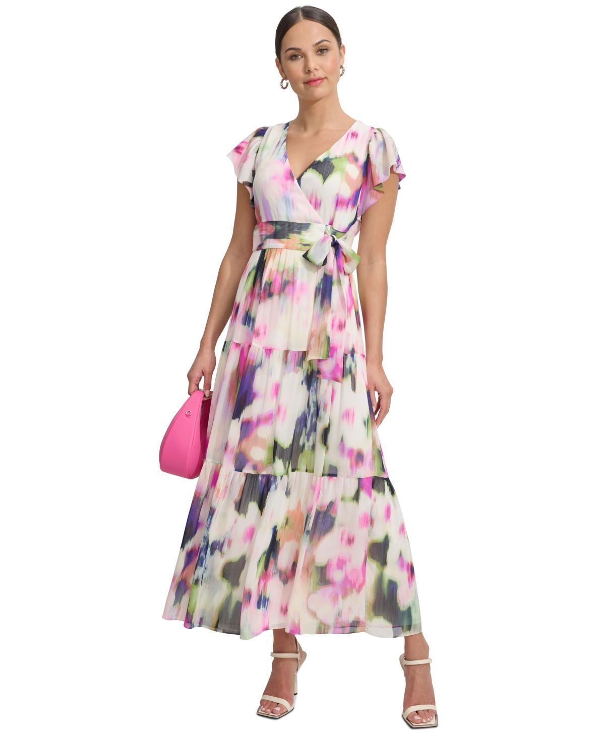 Women's Chiffon Flutter-Sleeve Tie-Waist Dress  Product Image