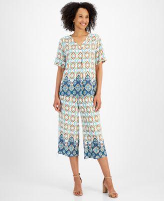 Womens Paradise Border V Neck Short Sleeve Top Contrast Border Print Wide Leg Pants Created For Macys Product Image