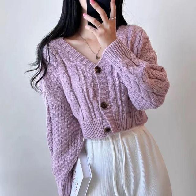 V-Neck Plain Cable Knit Cardigan Product Image