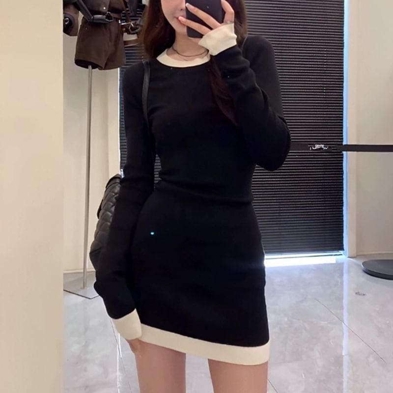 Long-Sleeve Crewneck Two Tone Knit Mini Bodycon Dress Product Image