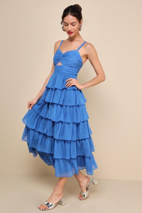 Poised Impression Blue Tiered Ruffled Cutout Midi Dress Product Image