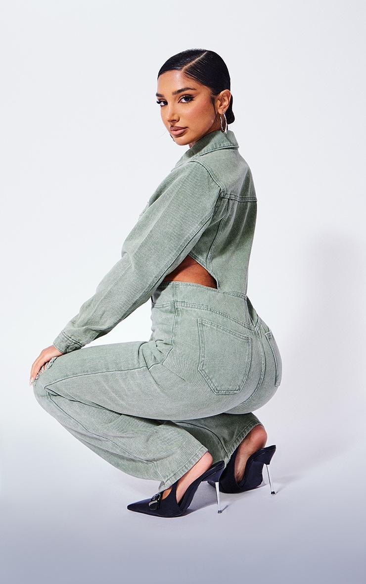 Petite Washed Green Denim Cut Out Jumpsuit Product Image